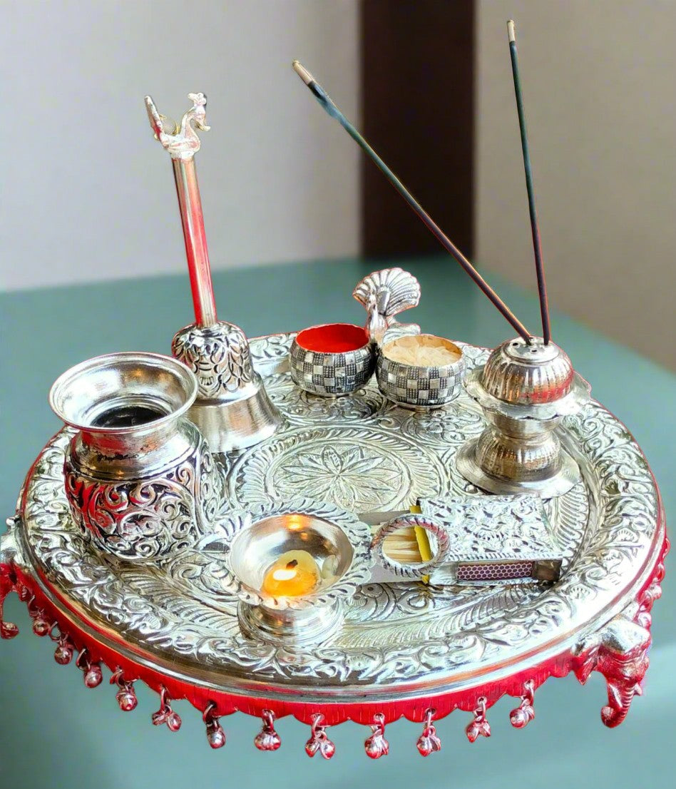 German Silver Elephant Trunk Pooja Set of 7 Pieces Set